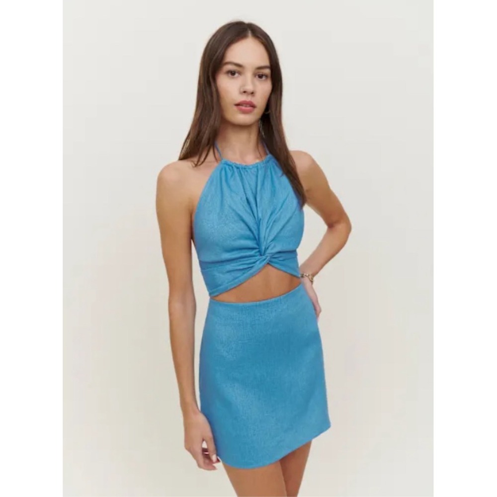 Reformation Meri Linen Halter Top Blue Size 8 Twist Front Cropped Tie Back